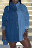Giacca di jeans dritta a maniche lunghe con colletto rovesciato patchwork blu casual solido