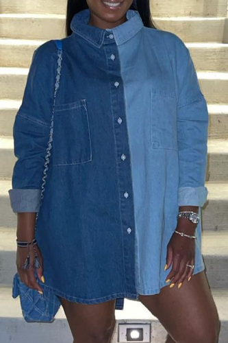 Giacca di jeans dritta a maniche lunghe con colletto alla rovescia in tinta unita casual blu