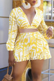 Yellow Sweet Print Patchwork Backless Fold V Neck Long Sleeve Two Pieces