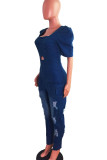 The cowboy blue Casual Solid Ripped Hollowed Out Patchwork Pocket Square Collar Skinny Jumpsuits