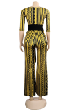 Yellow Casual Print Patchwork O Neck Straight Jumpsuits
