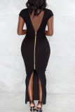 Black Sexy Solid Patchwork Backless Slit Zipper V Neck Pencil Skirt Dresses