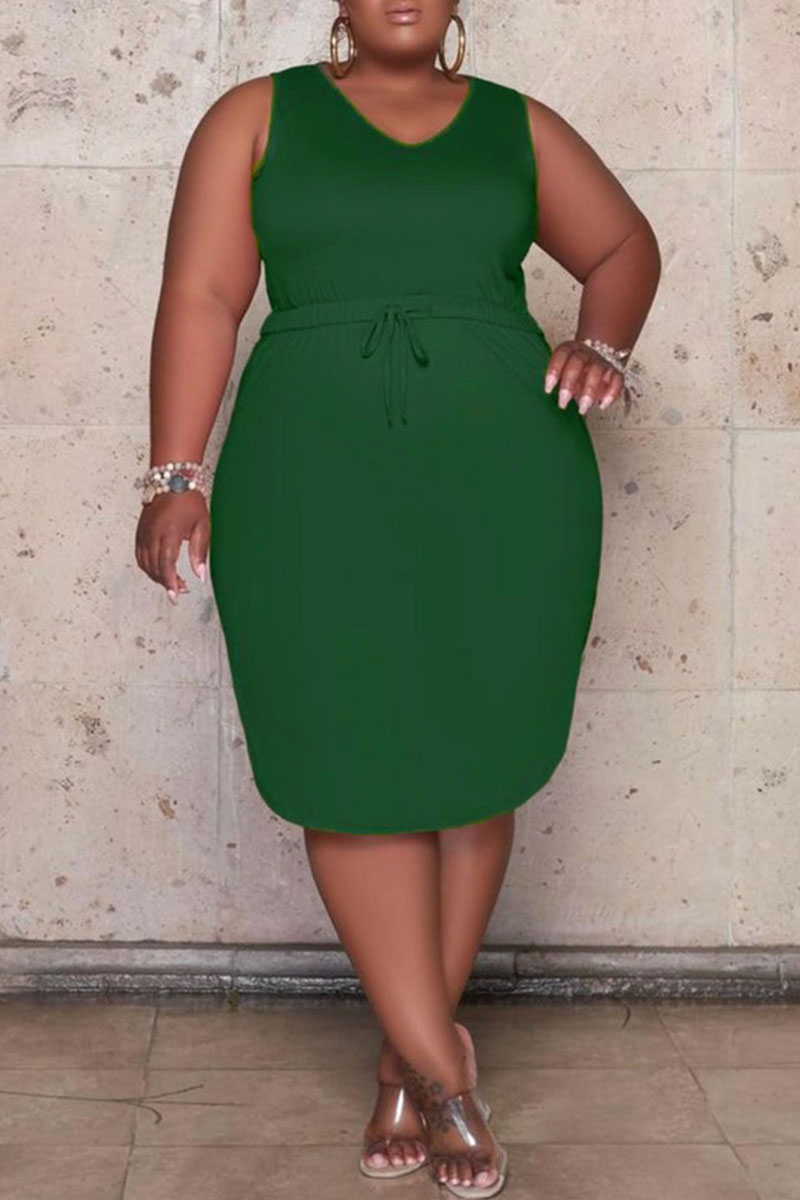 

Green Casual Solid Bandage Draw String Spaghetti Strap Straight Plus Size Dresses