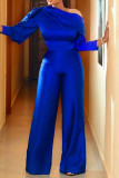 Macacão azul fashion casual básico sólido com gola oblíqua