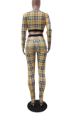 Yellow Casual Plaid Patchwork O Neck Long Sleeve Two Pieces