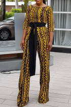 Yellow Casual Print Patchwork O Neck Straight Jumpsuits