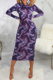 Purpurrotes, sexy bedrucktes, Patchwork-Bleistiftrock-Kleid mit Reißverschlusskragen