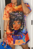 Мандариновое уличное платье-футболка с круглым вырезом и принтом в стиле пэчворк Платья больших размеров