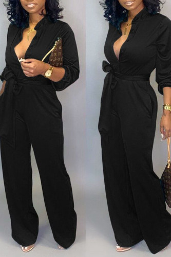 Black Casual Solid Bandage Patchwork Buttons Turndown Collar Straight Jumpsuits