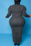 Blue Casual Striped Patchwork O Neck Pencil Skirt Plus Size Two Pieces
