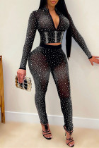 Черная мода, сексуальное горячее сверление, лоскутное прозрачное прозрачное платье с V-образным вырезом и длинным рукавом из двух частей