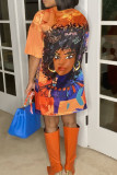 Tangerine Street Print Patchwork O-Ausschnitt T-Shirt-Kleid Plus Size Kleider