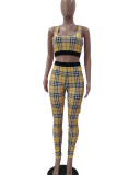 Yellow Sexy Plaid Patchwork O Neck Sleeveless Two Pieces