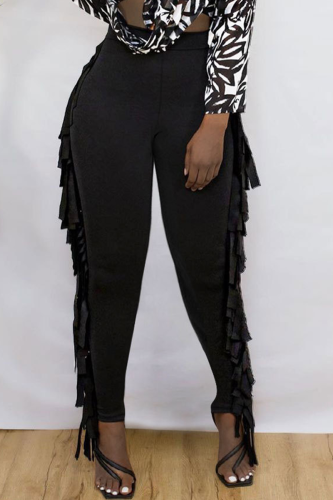 Black Sexy Solid Tassel Skinny High Waist Pencil Solid Color Bottoms