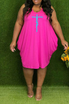 Vestido rosa casual estampado patchwork com decote em V vestidos plus size