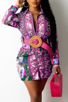 Пурпурное повседневное платье-рубашка с отложным воротником и принтом в стиле пэчворк (без пояса)