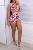 Pink Sexy Street Print Hollowed Out Patchwork Swimwears