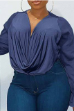 Blusas casuais azuis de malha sólida com decote em tamanho grande