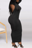 ブラックファッションカジュアルソリッドベーシックハーフタートルネックロングスリーブドレス