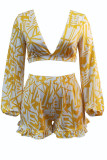 Yellow Sweet Print Patchwork Backless Fold V Neck Long Sleeve Two Pieces