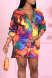 Regenbogenfarbenes, lässiges Hemdkleid mit Patchwork-Schnalle und V-Ausschnitt