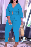 Colarinho Turndown Azul Casual Sólido Patchwork Plus Size Duas Peças