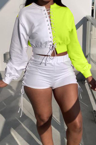 Fluorescent Green Sportswear Print Hollowed Out Patchwork Frenulum O Neck Long Sleeve Two Pieces
