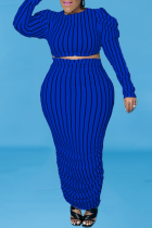 Синяя повседневная полосатая лоскутная юбка-карандаш с круглым вырезом размера плюс из двух частей
