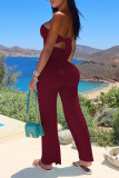 Bordeaux Sexy Casual Solid Bandage Backless Strapless Regular Jumpsuits