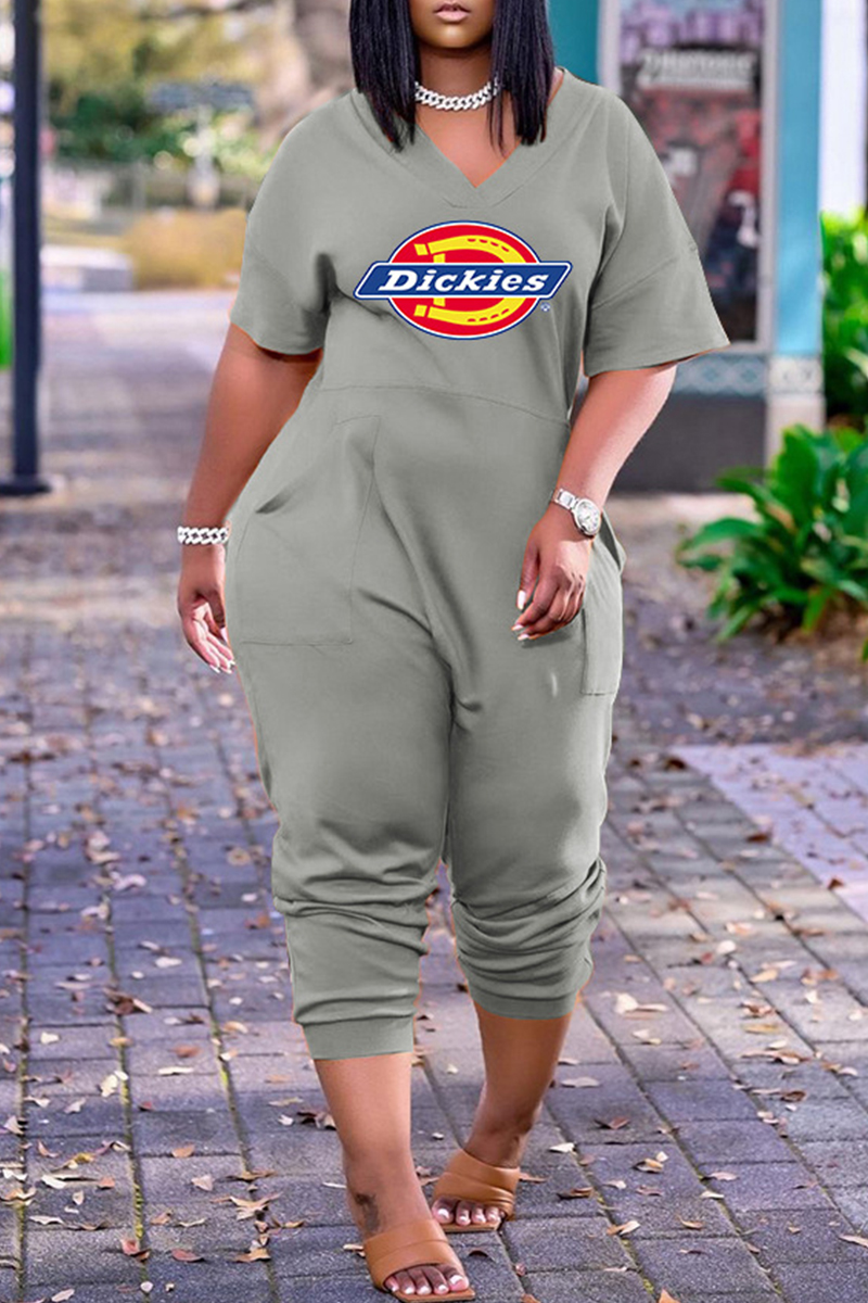 

Grey Fashion Casual Print Pocket V Neck Short Sleeve Regular Jumpsuits