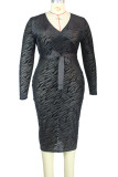 Robes noires sexy imprimées patchwork transparentes fendues col en V manches longues grande taille