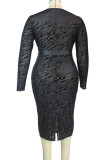 Black Sexy Print Patchwork See-through Slit V Neck Long Sleeve Plus Size Dresses