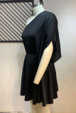 Zwart sexy effen patchwork asymmetrische schuine kraag rechte grote maten jurken
