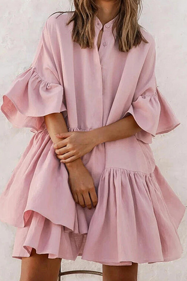 Pink Casual Solid Flounce Mandarin Collar Cake Skirt Dresses