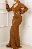 Brown Sexy Solid Fold V-Ausschnitt asymmetrische Kleider