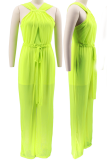 Fluorescerande Grön Sexig Solid Mesh Halter Straight Jumpsuits