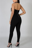Zwarte sexy mouwloze skinny patchwork-jumpsuits met blote schouders