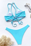 Синий модный сексуальный однотонный купальник с открытой спиной и ремешком