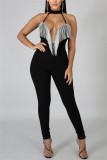 Black Sexy Sleeveless Off The Shoulder Skinny Patchwork Jumpsuits