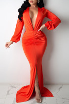 Tangerine Red Elegant Solid Split Joint Slit Fold V Neck Evening Dress Dresses