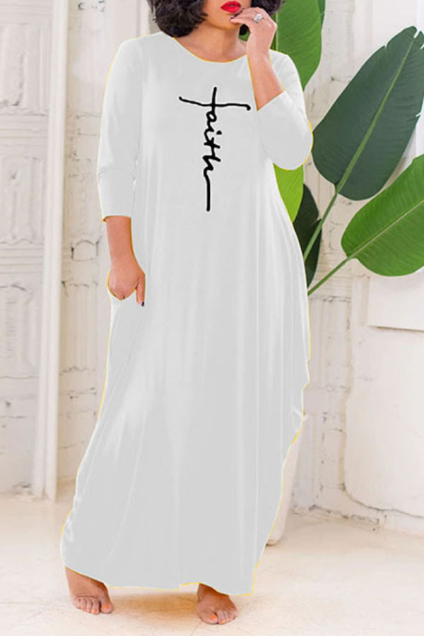 ホワイト カジュアル レタープリント パッチワーク Oネック ロングスリーブ プラスサイズ ドレス