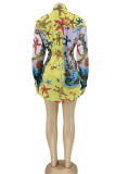 Multicolor Casual Print Patchwork Buckle Turndown Collar Tops (Contain The Belt)
