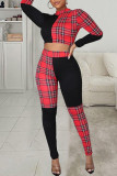 Yellow Street Plaid Print Patchwork O Neck Long Sleeve Two Pieces