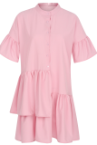 Розовые повседневные однотонные платья-юбки с воротником-стойкой и оборками