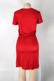 Vestido de manga corta con cuello en O básico sólido casual de moda rojo