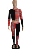 Pink Street Plaid Print Patchwork O Neck Long Sleeve Two Pieces