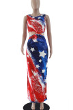 Red Blue Sexy Flag Star Print Hollowed Out Patchwork Slit O Neck Vest Tank Bodycon Midi Dresses