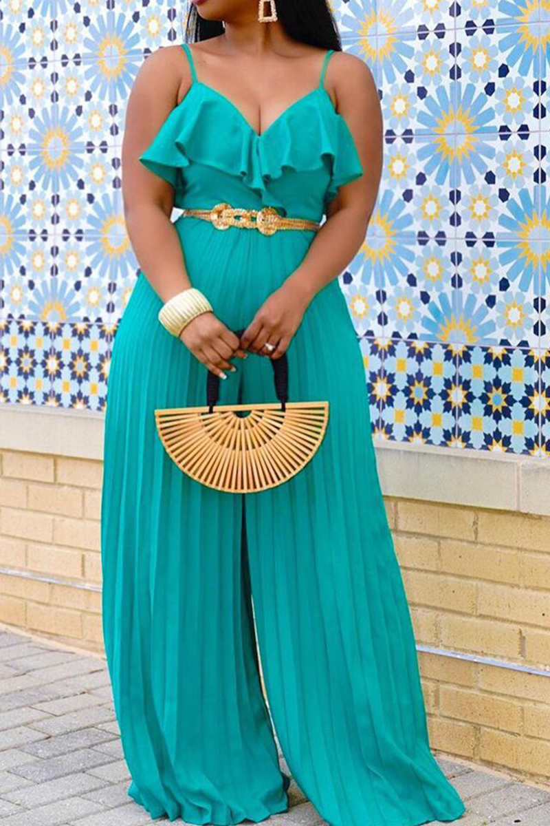 

Green Casual Solid Split Joint Spaghetti Strap Straight Jumpsuits