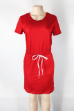 Rode mode casual effen basic O-hals jurk met korte mouwen