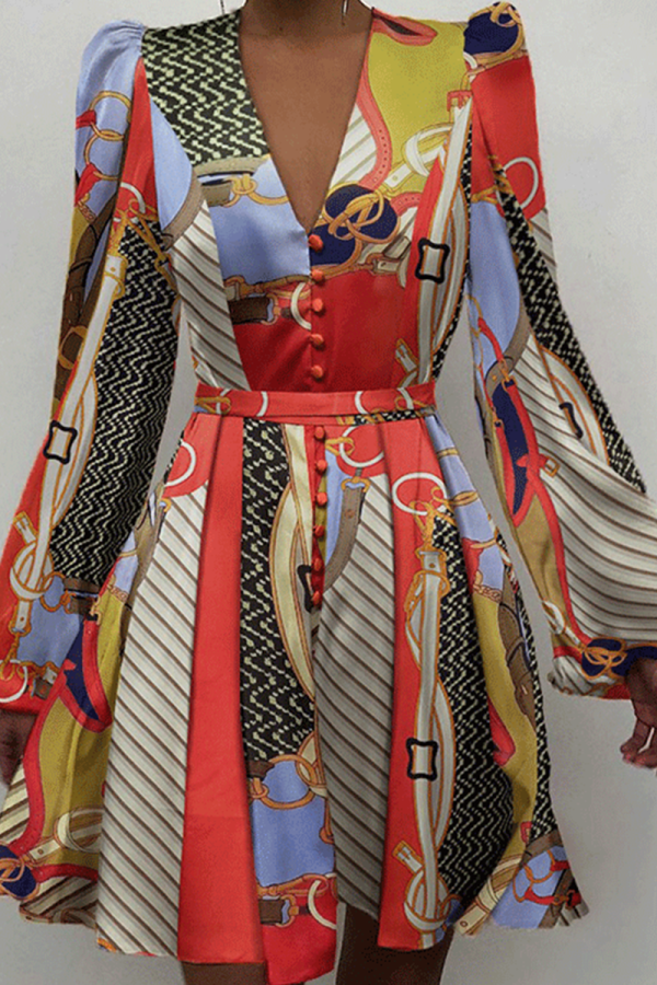 Цветной сексуальный принт в стиле пэчворк с V-образным вырезом и юбкой-платьем